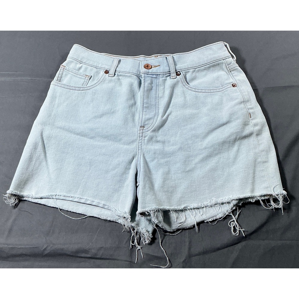Express‎ Midi High Rise Denim Shorts Light Wash Raw Hem Blue Size 2